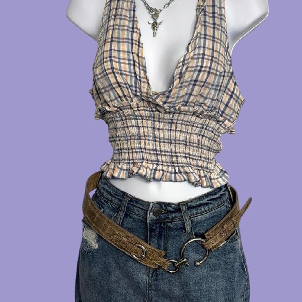 Plaid smocked halter crop top - Picture 1 of 4